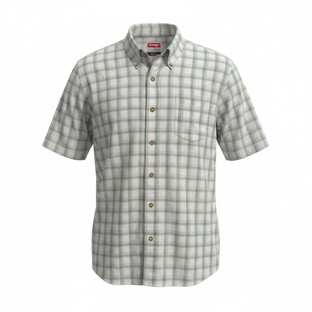 Wrangler Button Down Shirt Mens Large Green White Plaid Excellent Wrinkle Resist